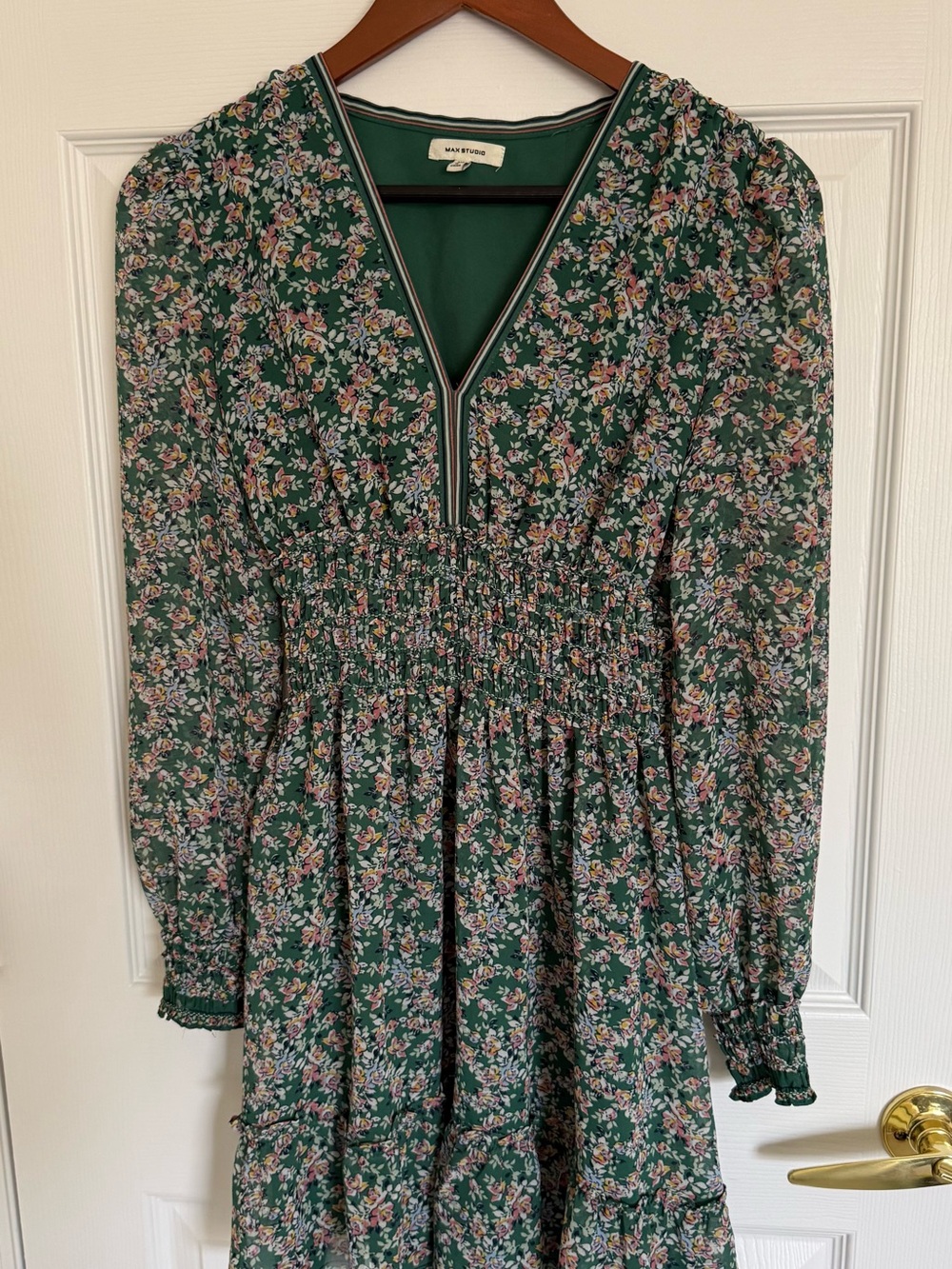Max Studio Dark Green Floral Smocked Midi Dress